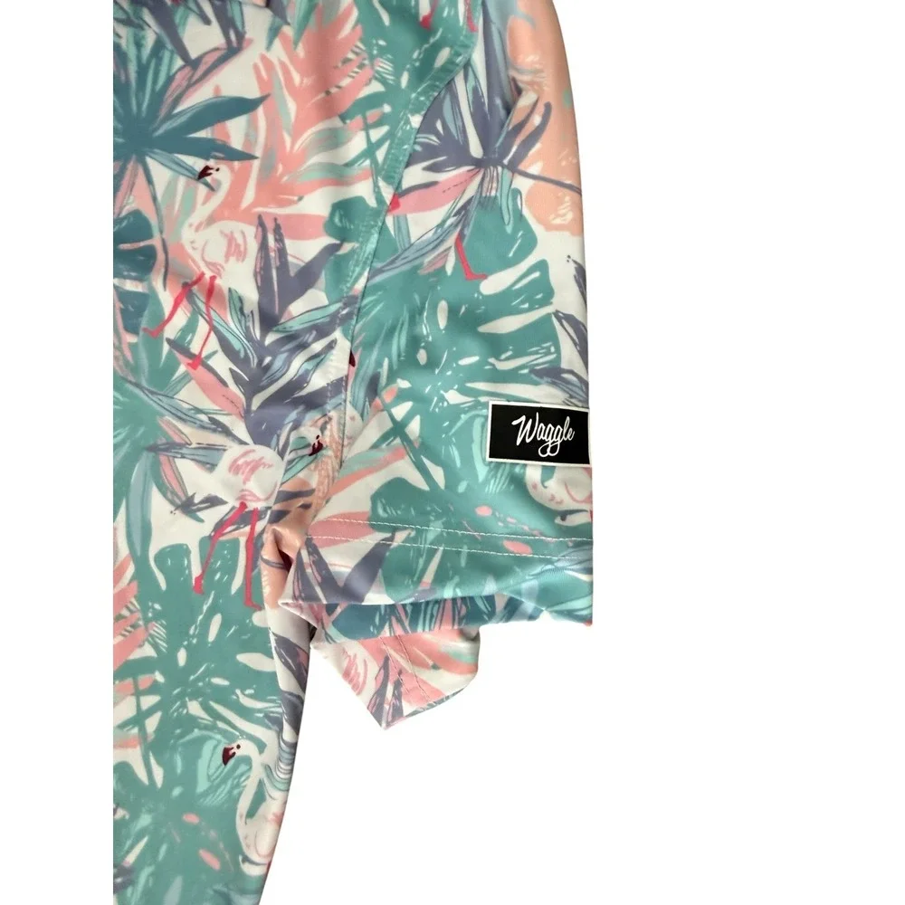 WAGGLE Golf Polo Shirt Men's Medium Flamingo Tropical Performance Stretch Beach - Picture 3 of 5